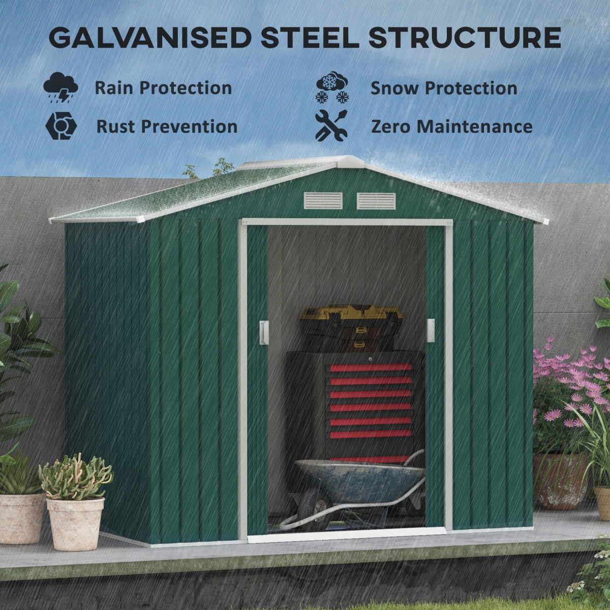 Garden Shed Storage Unit w/Locking Door Floor Foundation Vent Green