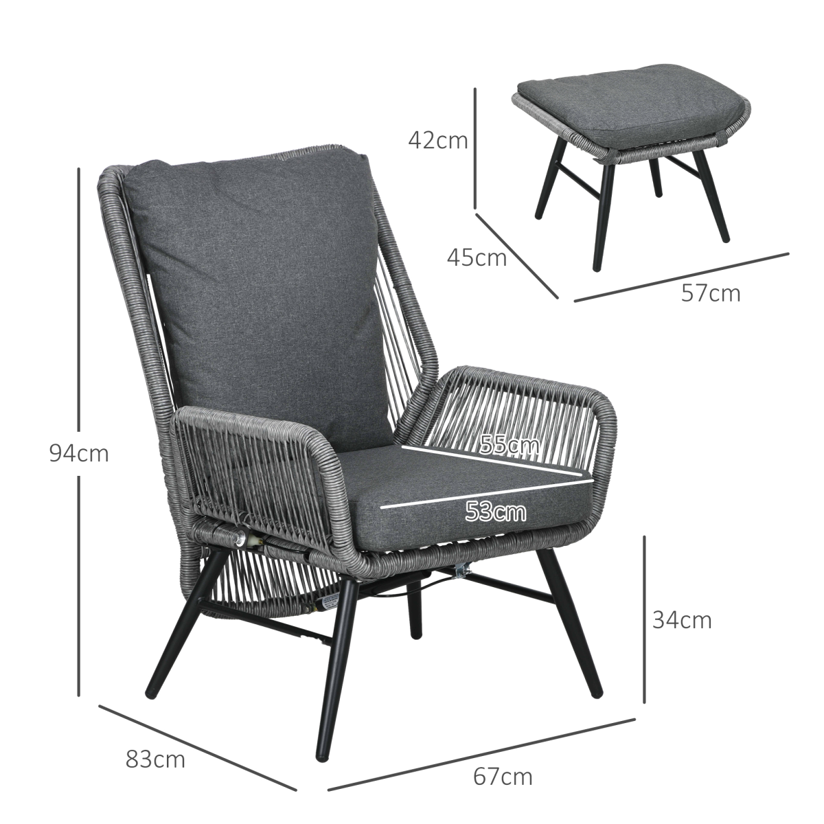 Outsunny Garden Rattan Leisure Chair Set with Adjustable Backrest, Grey