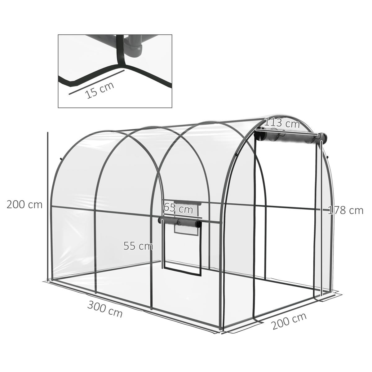 3 x 2 x 2m Polytunnel Greenhouse with Door, Windows, Steel Frame