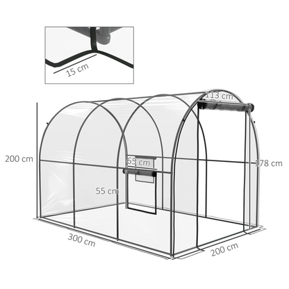 3 x 2 x 2m Polytunnel Greenhouse with Door, Windows, Steel Frame