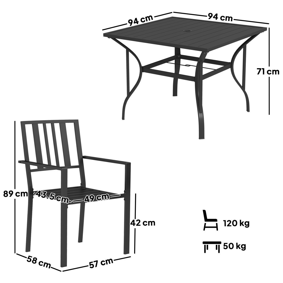 Garden Dining Set w/ 4 Stackable Cushioned Chairs and Metal Top Table