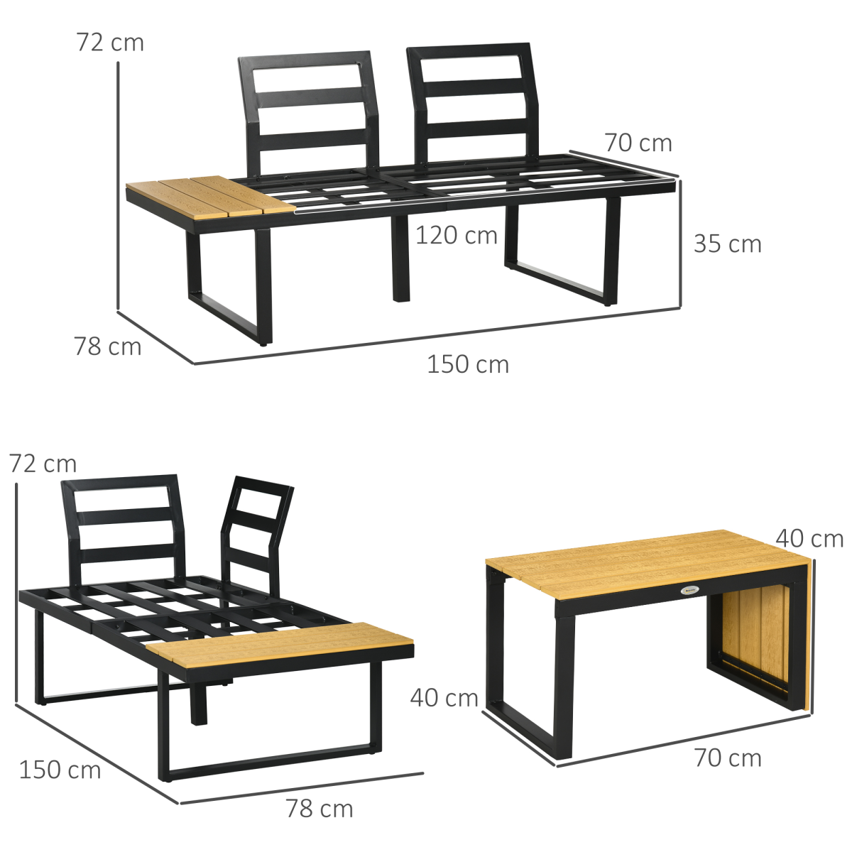 3PCs Patio Furniture Set w/ Cushions, Wood Grain Plastic Top Table