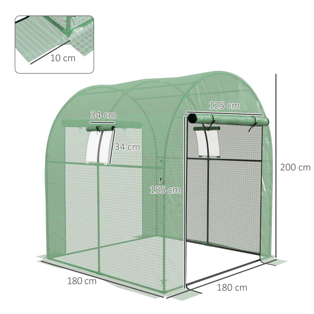 Polytunnel Greenhouse with Doors and Mesh Windows 1.8 x 1.8 x 2m