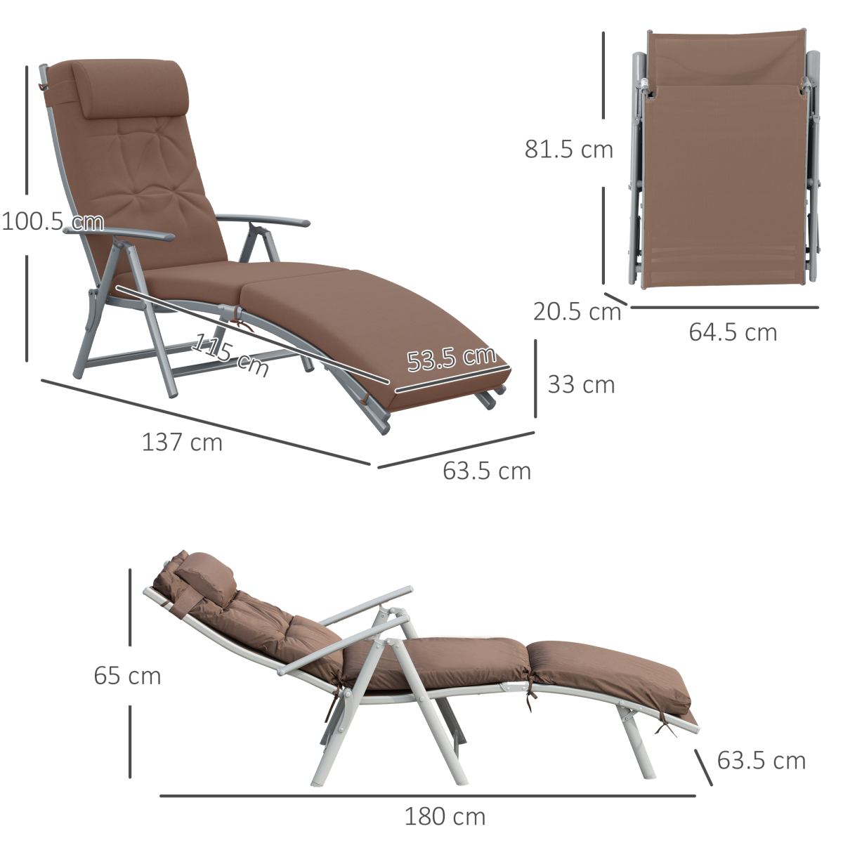 Steel Frame Outdoor Garden Padded Sun Lounger w/ Pillow Brown