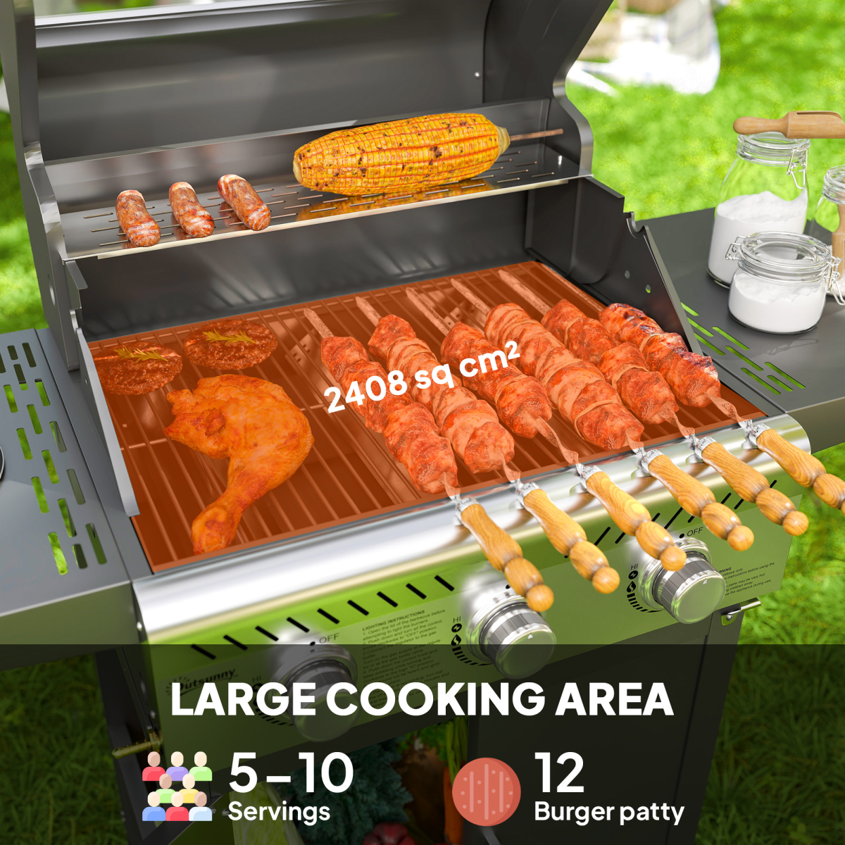 Propane Gas BBQ Grill with See-through Lid and Thermometer 3 Burner