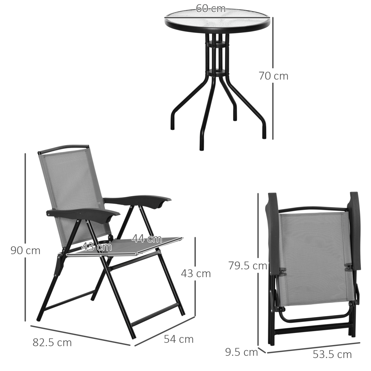 Patio Bistro Set Folding Chairs Garden Coffee Table for Balcony Grey