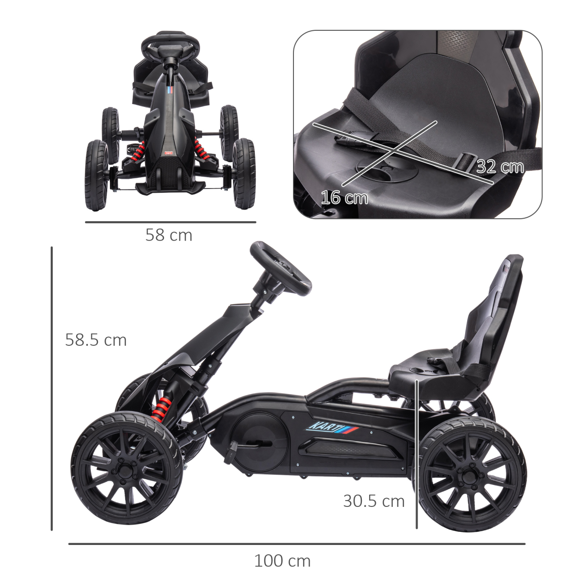Children Pedal Go Kart with Adjustable Seat, Handbrake - Black