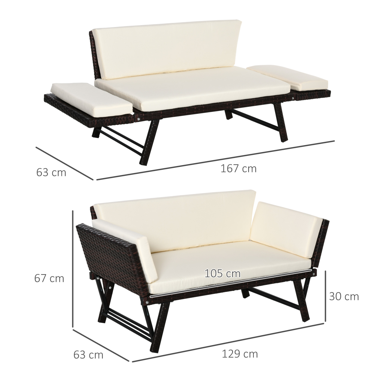 2-Seater 2-in-1 Rattan Convertible Sofa Daybed Brown