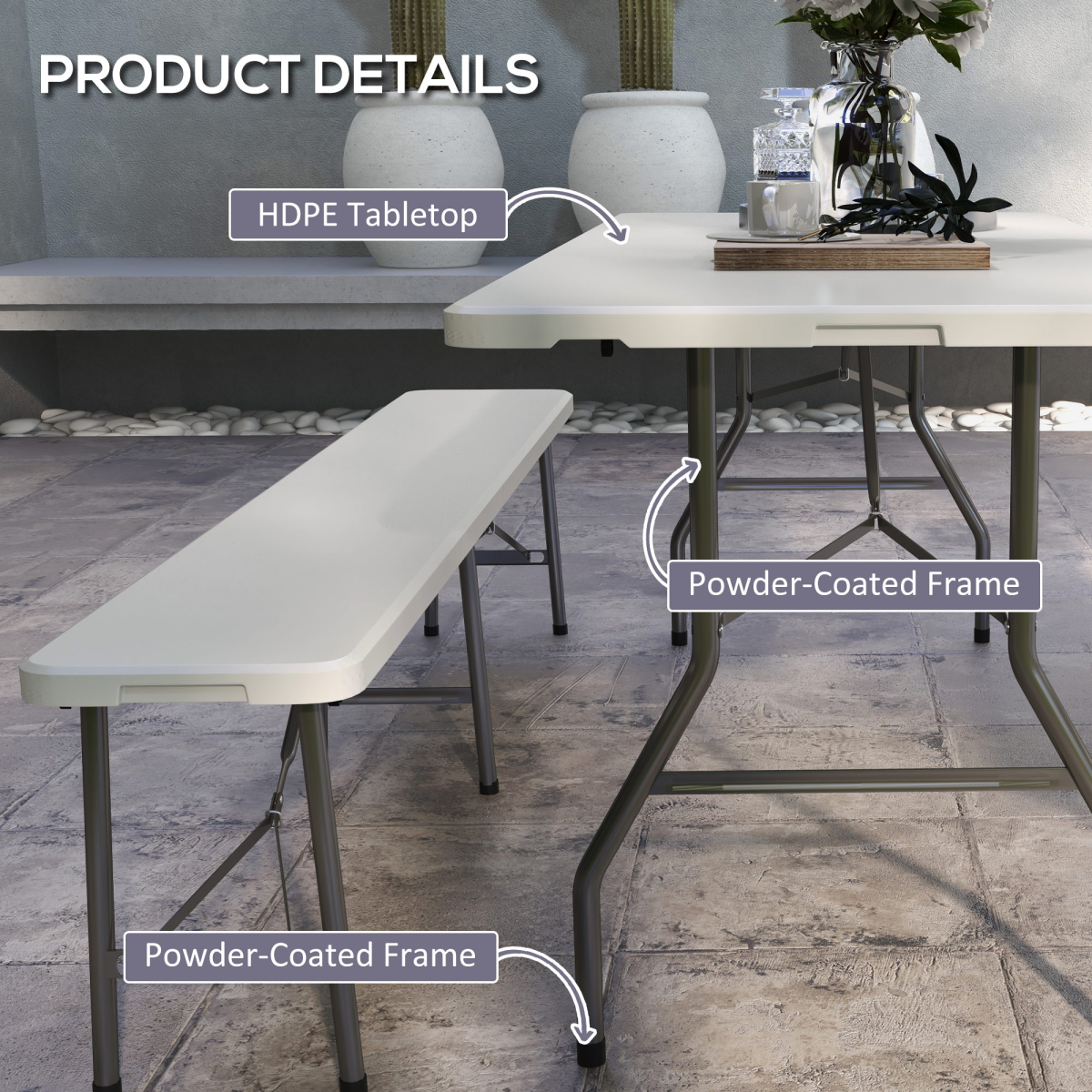 Folding Garden Table, Patio Table with Metal Frame, White