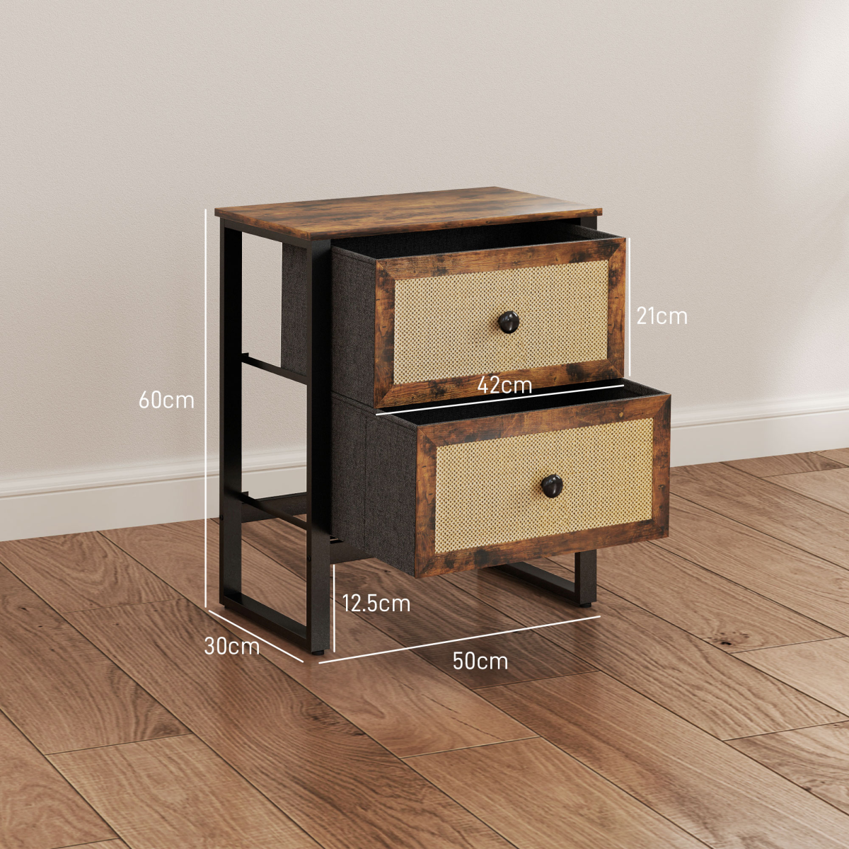Bedside Table with 2 Rattan Drawers and Steel Legs, Rustic Brown