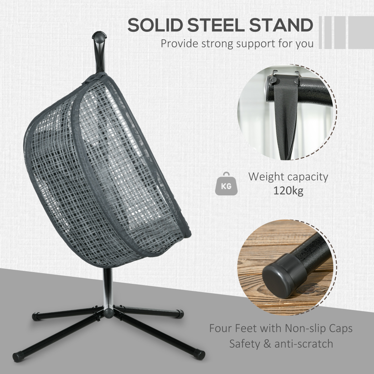 Hanging Swing Chair w/ Thick Cushion, Patio Hanging Chair, Dark Grey