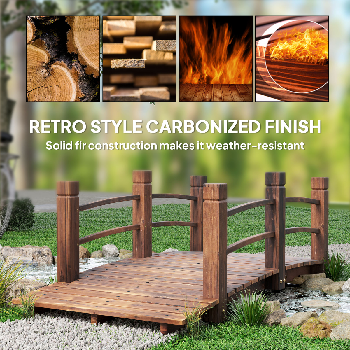 Wooden Garden Bridge Lawn Decor Stained Finish Arc Outdoor Pond Walkway