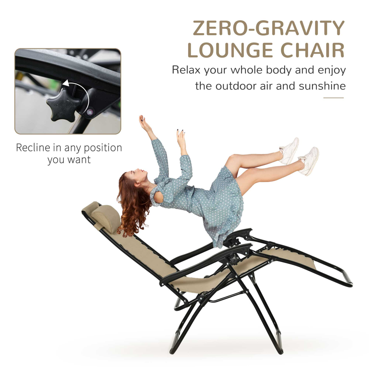Zero Gravity Chairs Sun Lounger Table Set w/ Cup Holders, Beige 3PC