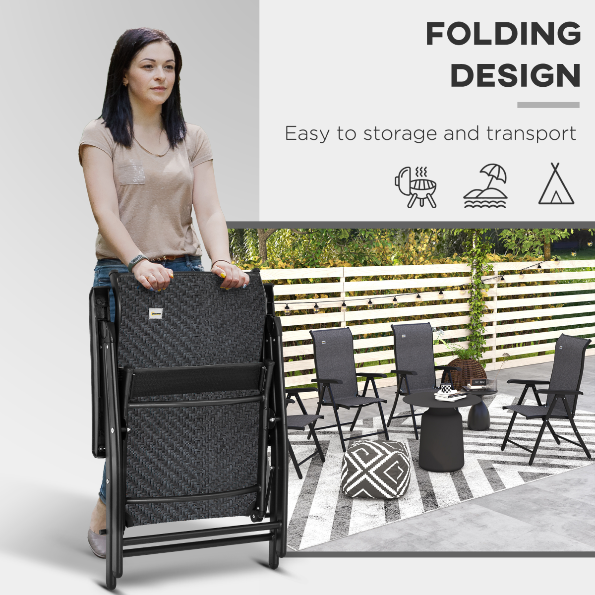 Set of 2 Outdoor Rattan Folding Chair Set w/ Adjustable Backrest Grey