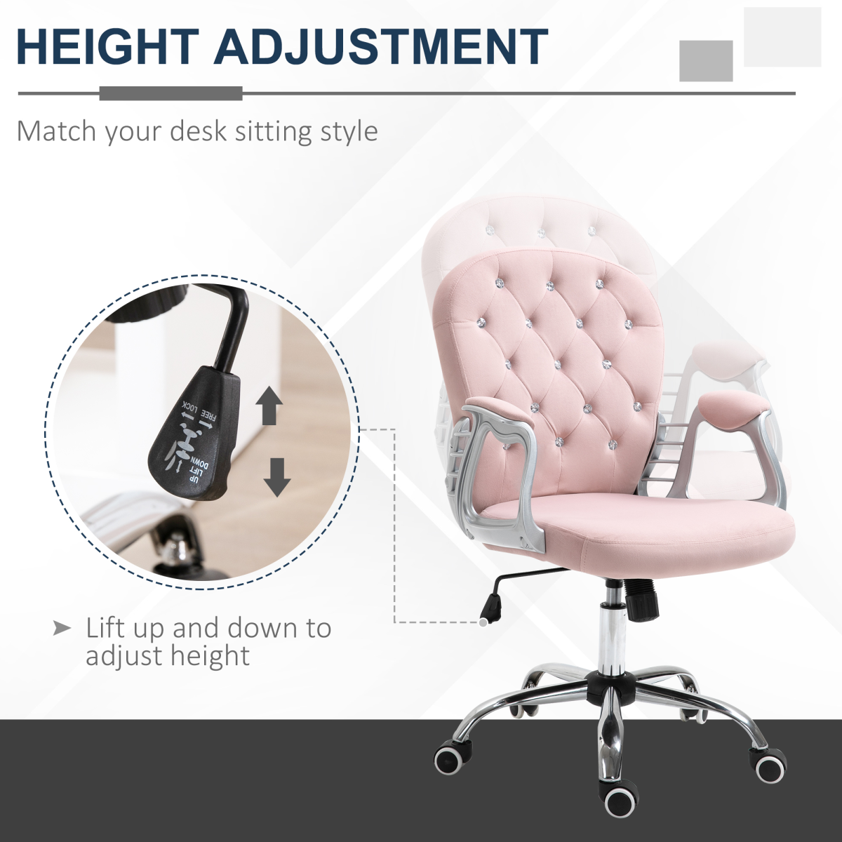Office Chair Luxury Velour Diamond Tufted Padded Ergonomic 360 Swivel Pink