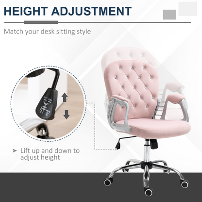 Office Chair Luxury Velour Diamond Tufted Padded Ergonomic 360 Swivel Pink