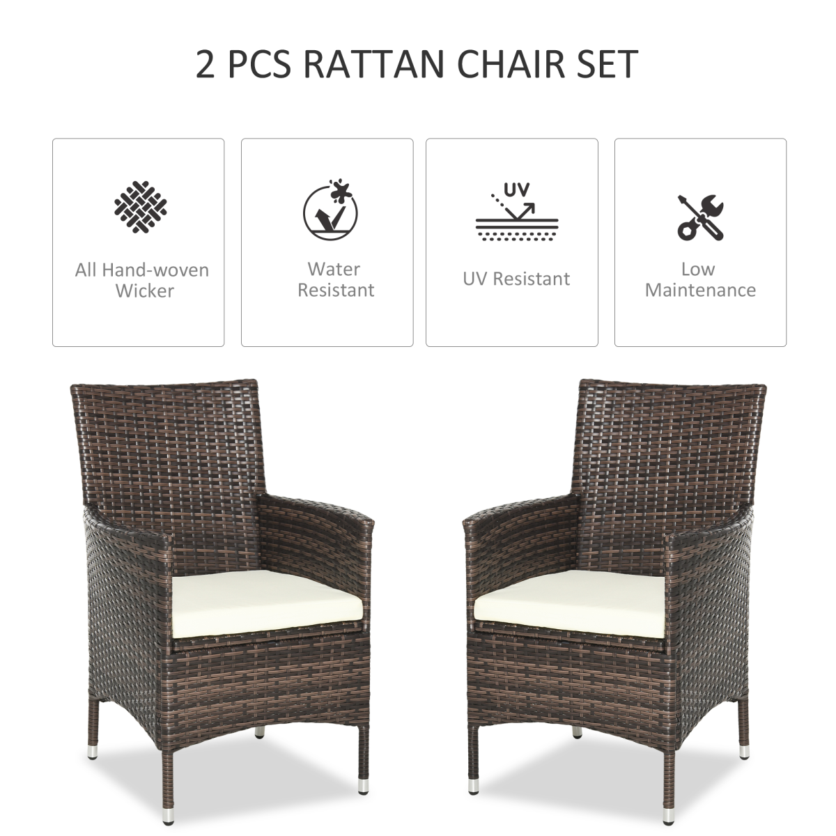 2 Seater Outdoor Rattan Armchair w/ Armrests Cushions Mixed Brown