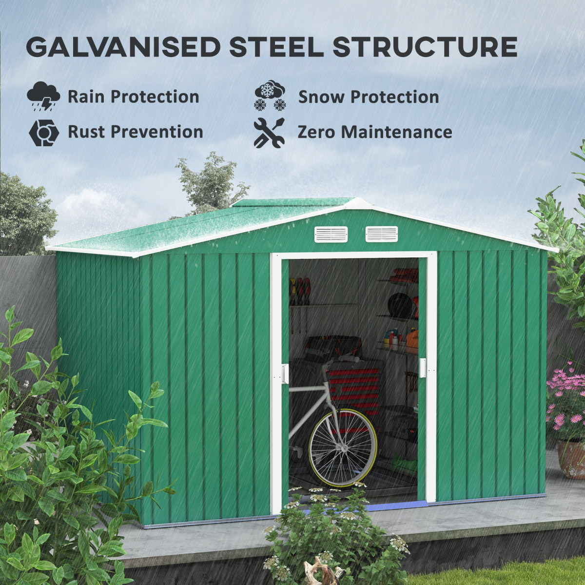9 x 6 ft Green Metal Garden Storage Shed