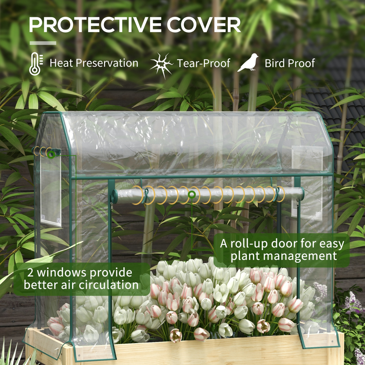 Wooden Raised Planter, Garden Bed with Greenhouse Cover and Bed Liner