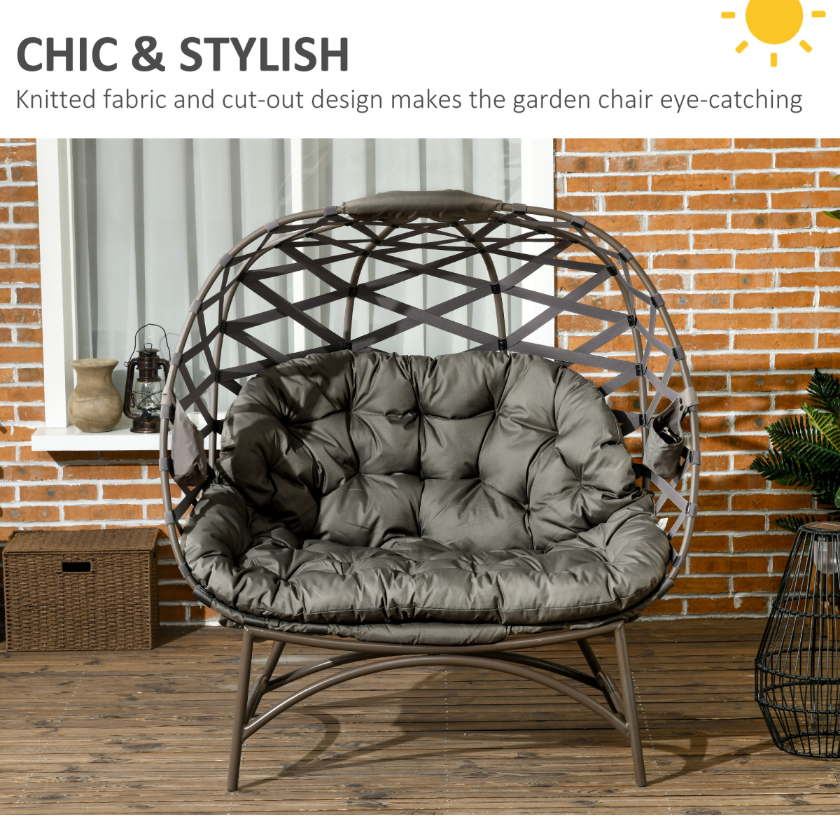 2 Seater Egg Chair Outdoor with Cushion, Cup Pockets - Sand Brown