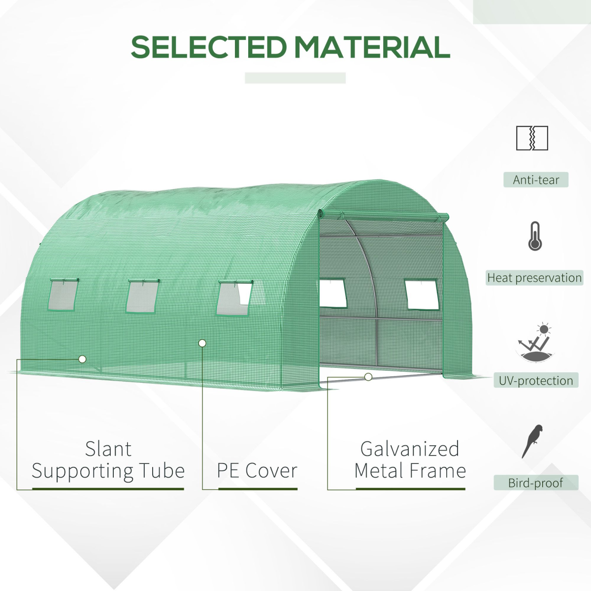 4x3x2m Tunnel Greenhouse Walk-In Hot House Roll Up Door & 6 Windows-Green