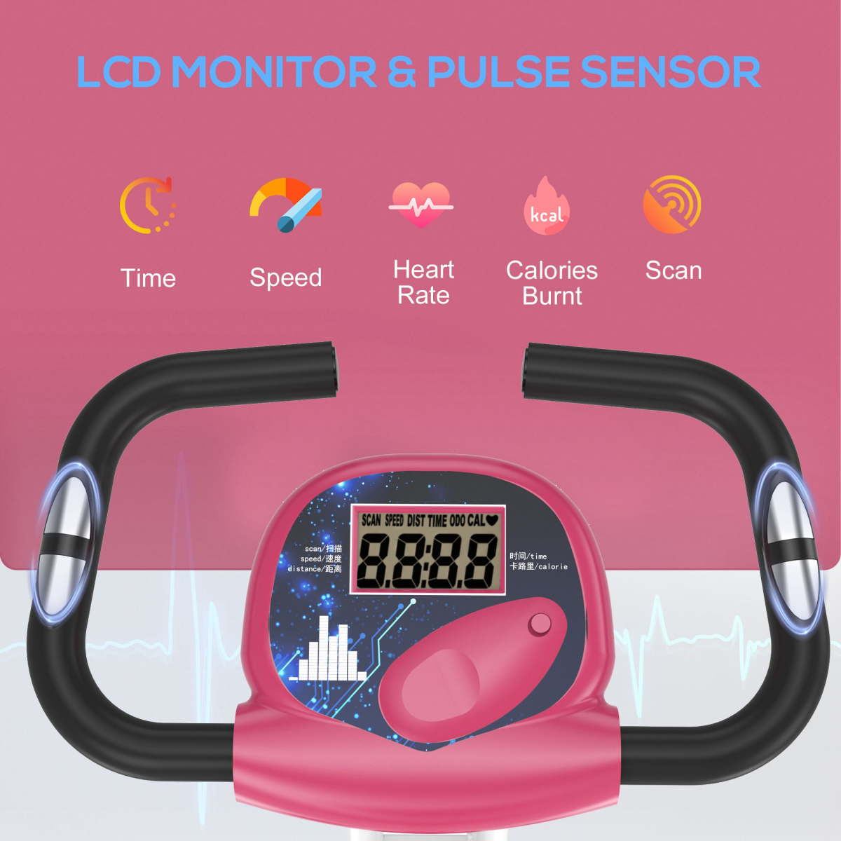 Magnetic Resistance Exercise Bike Foldable LCD Adjustable Seat Pink