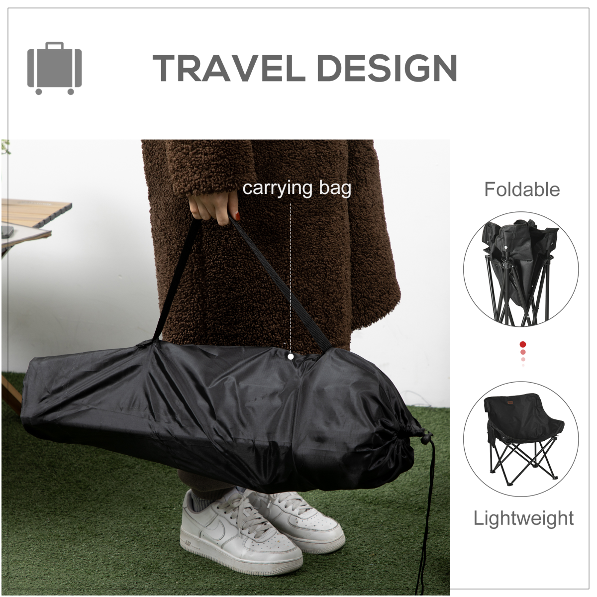 Folding Camping Chair with Carrying Bag and Storage Pocket, Black