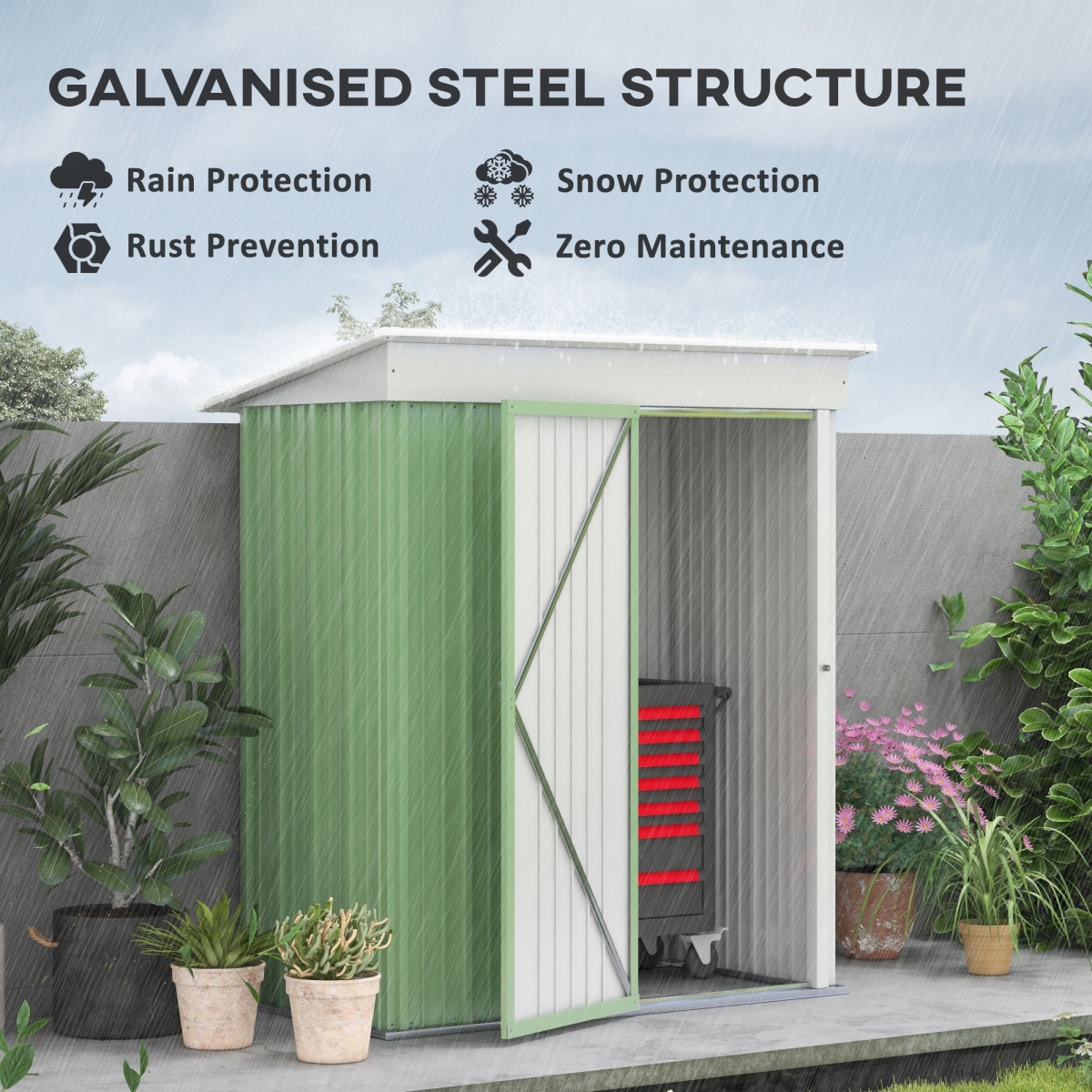 Steel Garden Shed, Small  Lean-to Shed for Bike Tool, 5x3 ft, Green