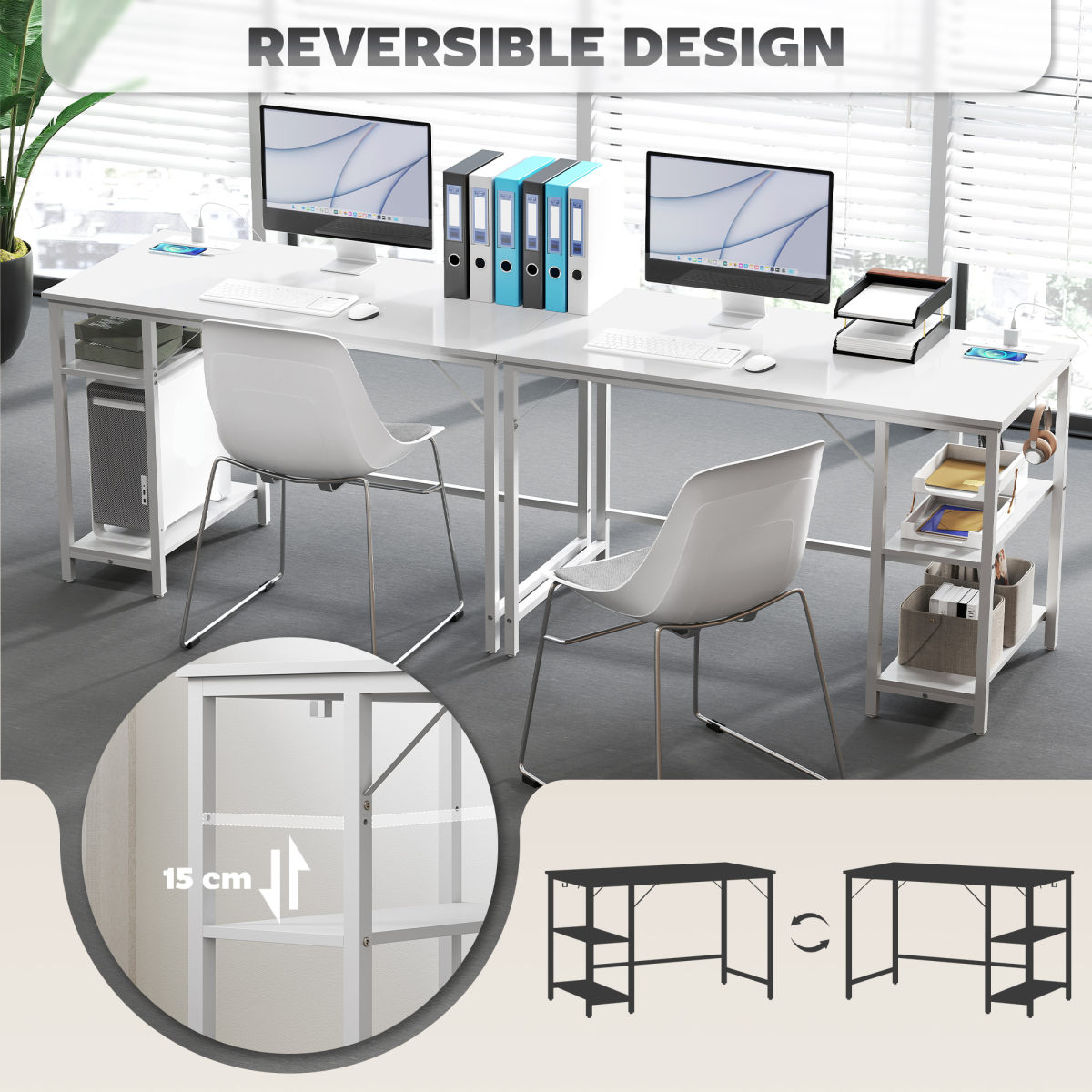 Home Office Desk Reversible Study Table for Bedroom White 120 x 60 cm