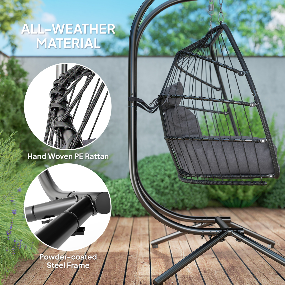 Rattan Double Hanging Egg Chair with Stand, Cushion, Dark Grey