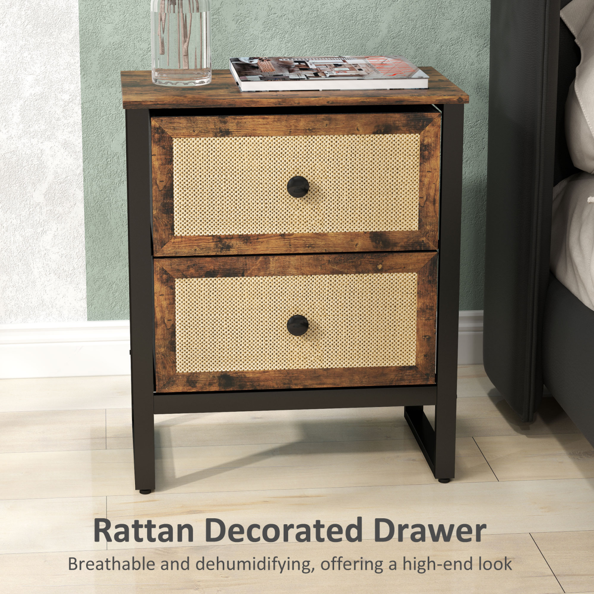 Bedside Table with 2 Rattan Drawers and Steel Legs, Rustic Brown