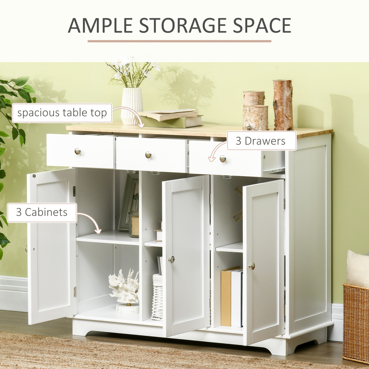 Sideboard with Rubberwood Top, Buffet Drawers and Adjustable Shelves