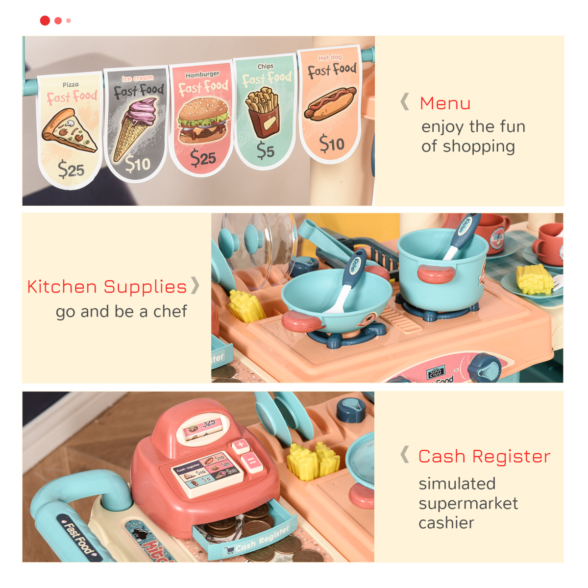 Kids Kitchen Play set Pretend Trolley Cart Toys for Age 3-6 50 Pcs