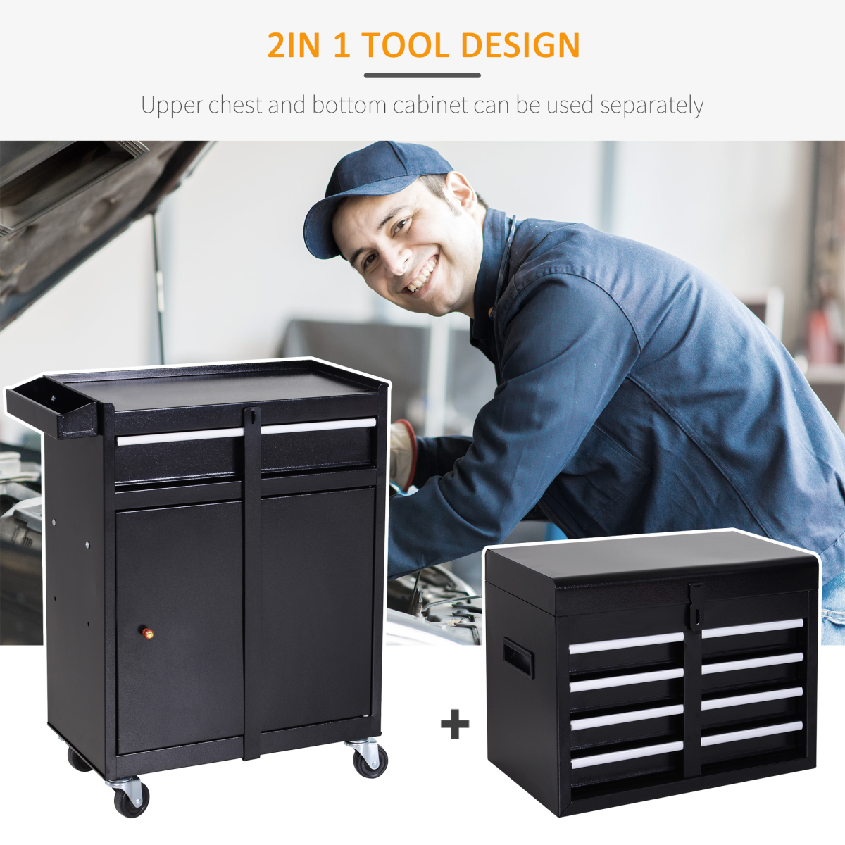 Steel 4-Drawer Duo-Door Rolling Tool Cabinet Tool Chest On Wheels Black
