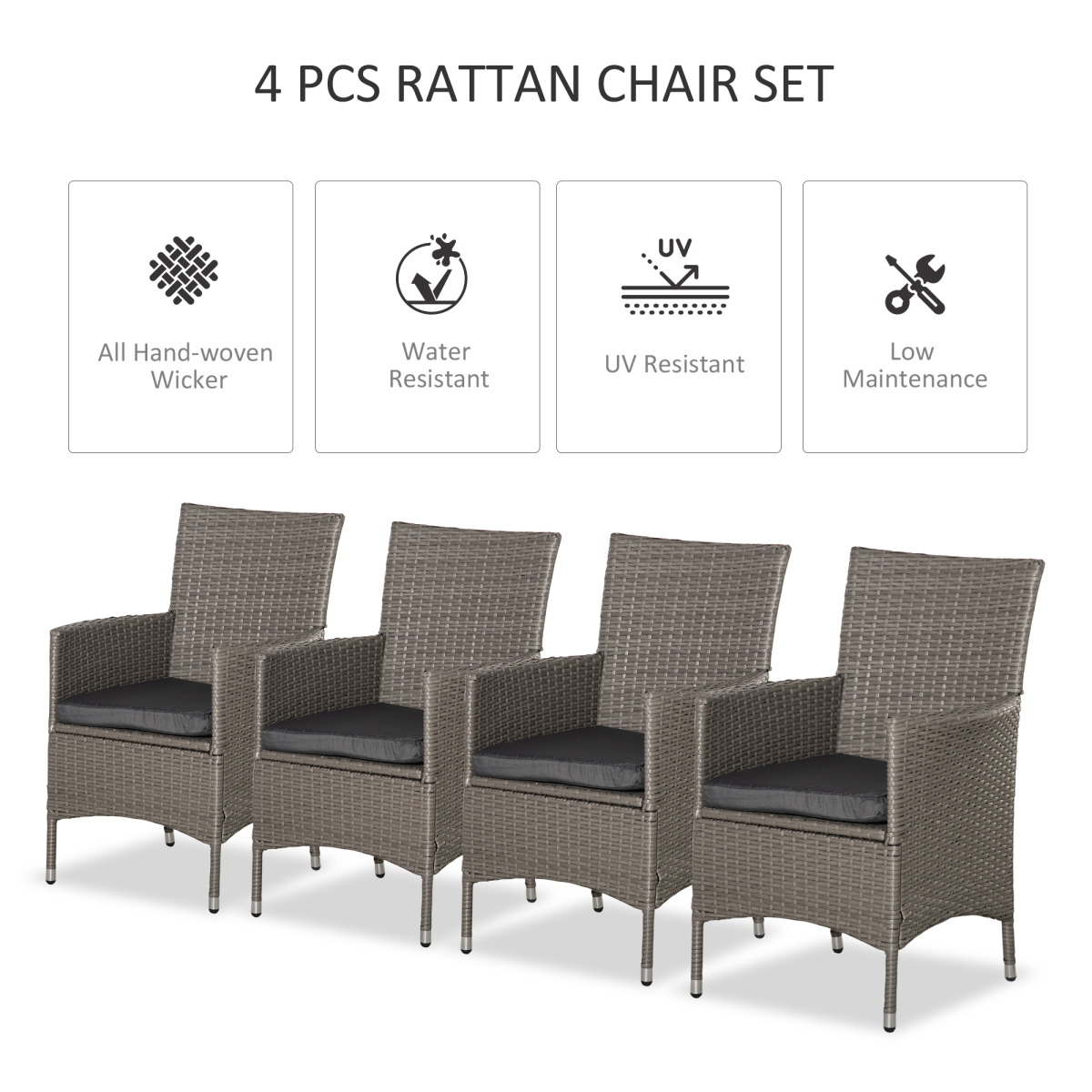 4PC Outdoor Rattan Armchair Wicker Dining Chair Set for Garden Grey