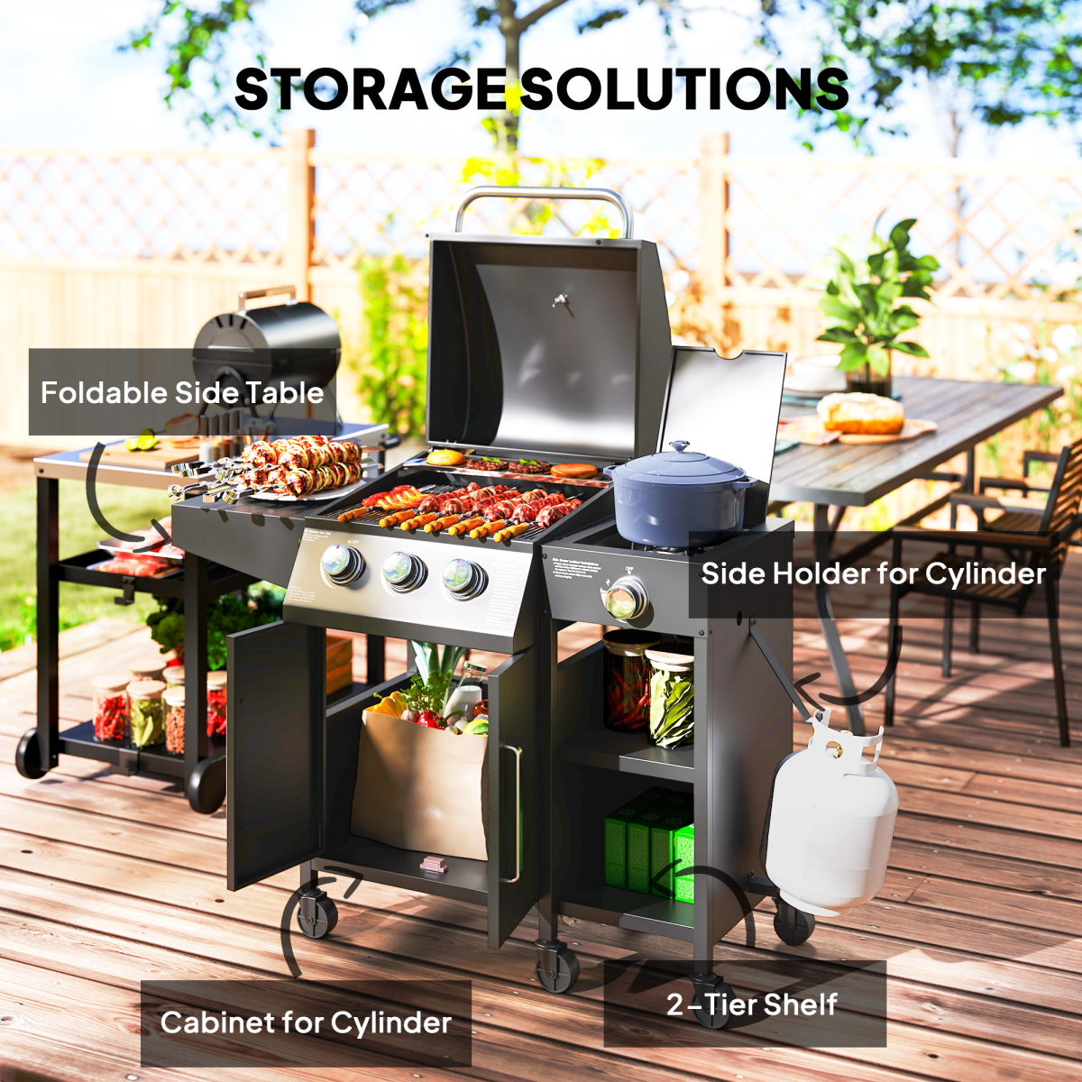 9.5 kW Gas Barbecue with 3+1 Burner, Storage Cabinet and Shelves