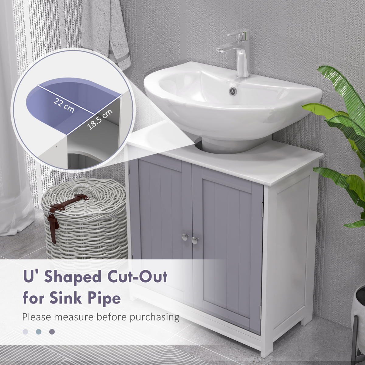 Under-Sink Storage Cabinet w/ Adjustable Shelf Grey White 60x60cm