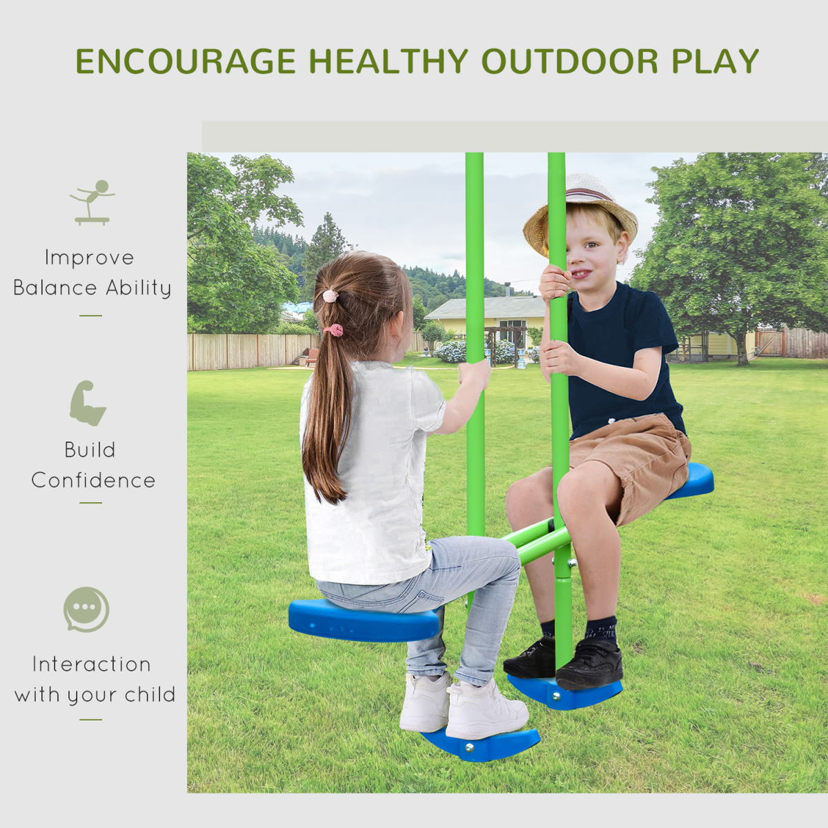 Metal 2 Swings & Seesaw Set Height Adjustable Outdoor Play Set, Green