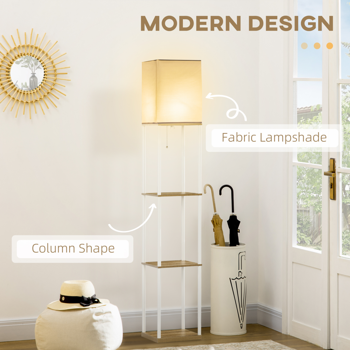 Modern Floor Lamp with Shelves and Fabric Lampshade for Living Room