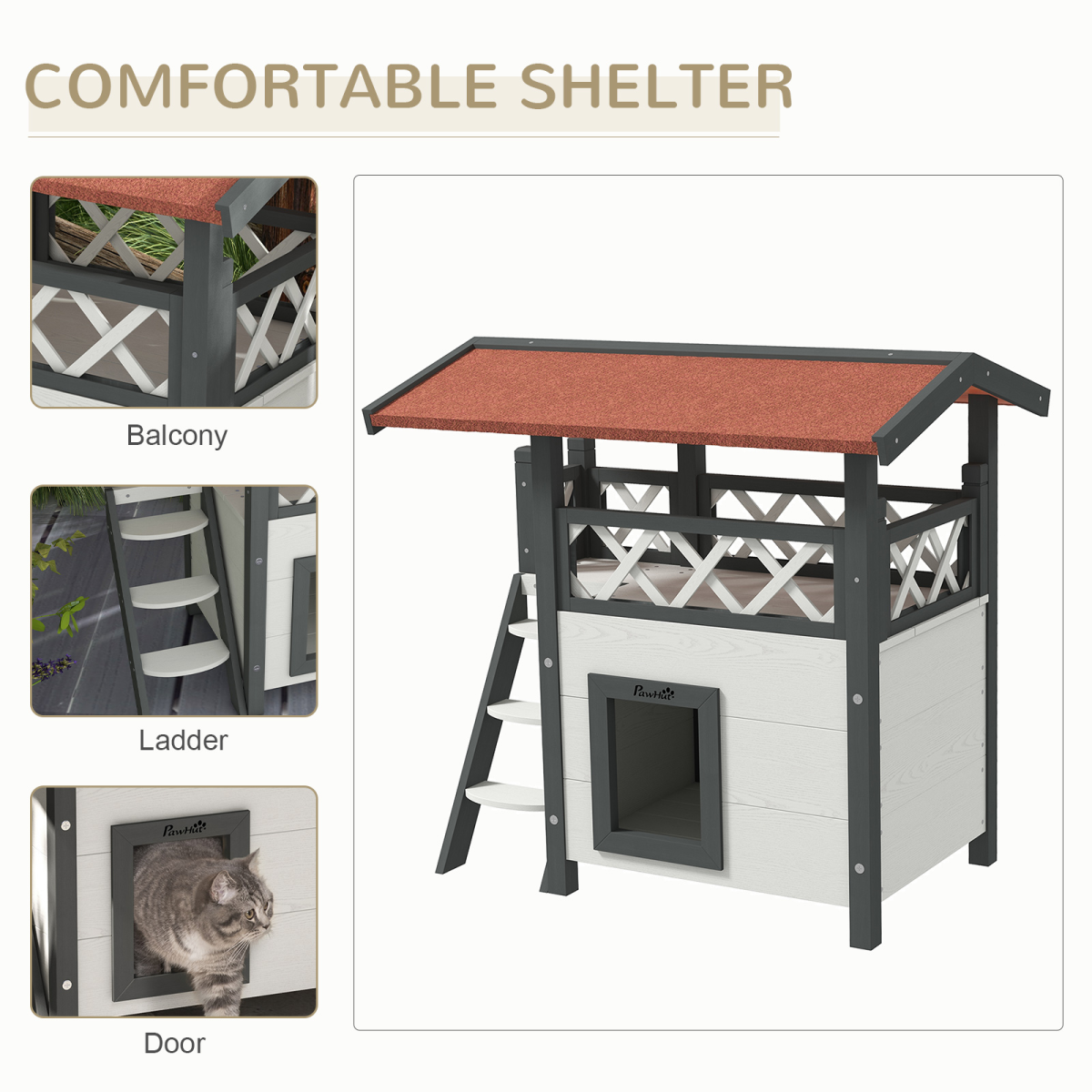 Outdoor Cat House with Balcony Stairs Roof, White