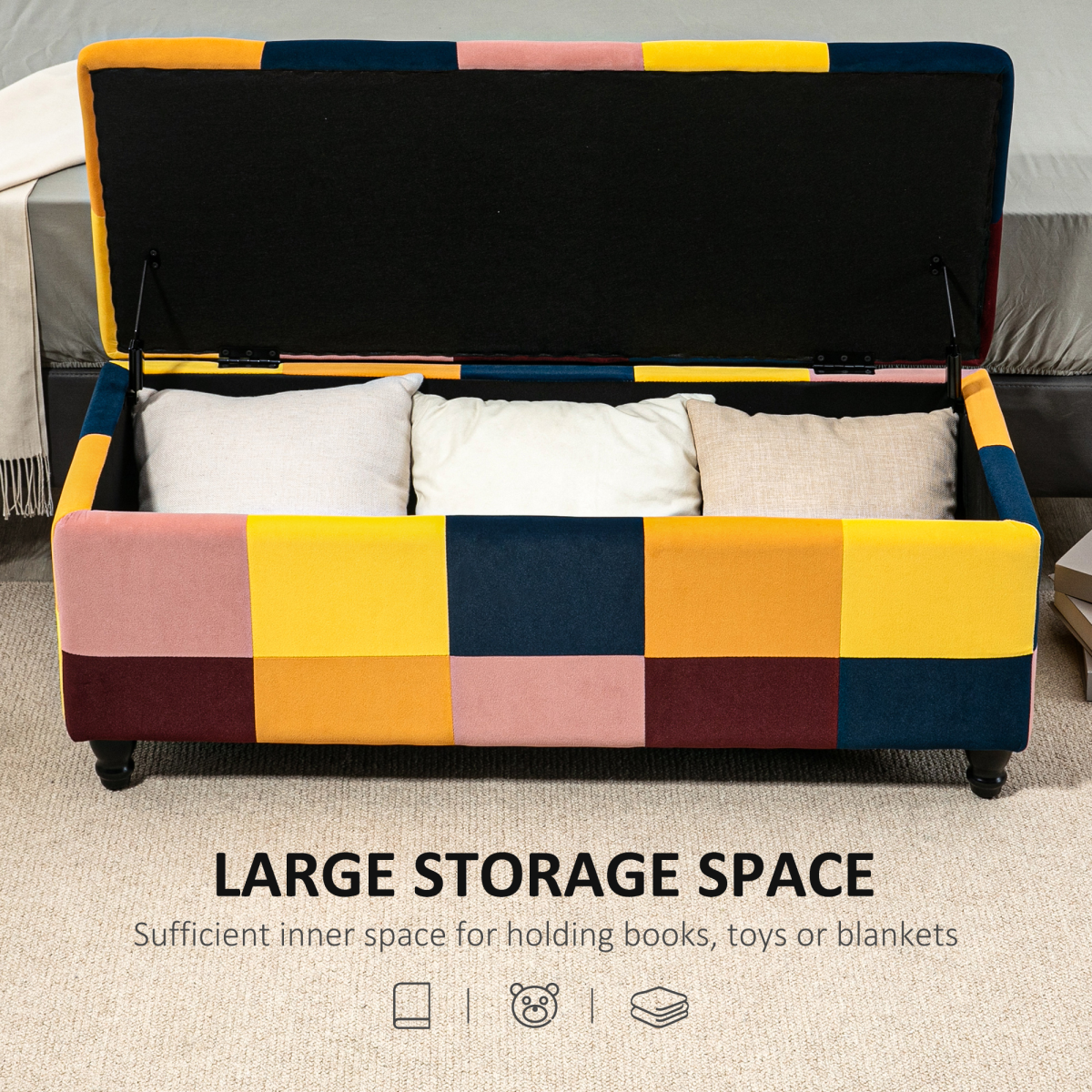 114 x 47 x 47cm Velvet Storage Ottoman, Button-tufted Footstool Box
