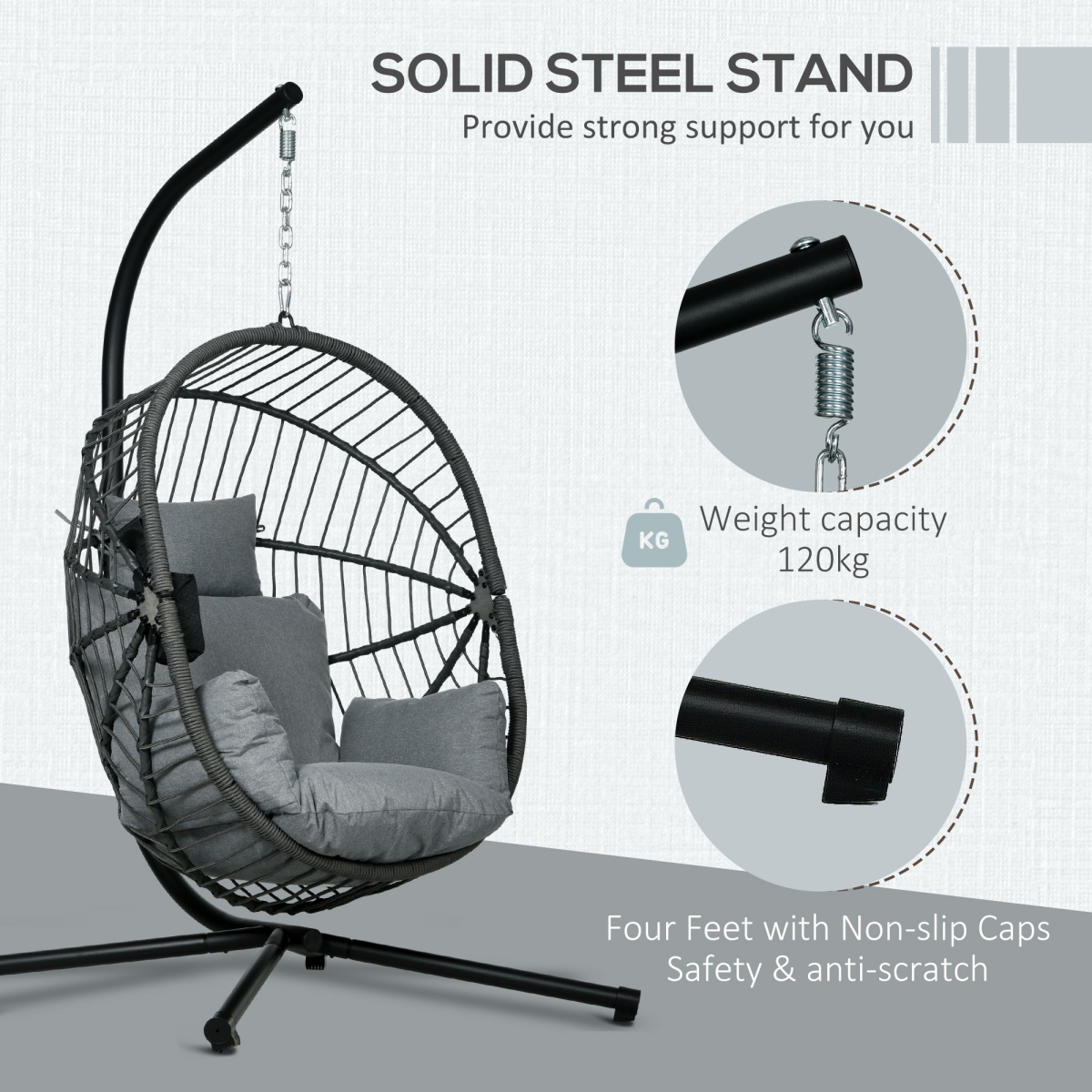 Hanging Swing Chair w/ Thick Cushion, Patio Hanging Chair, Grey