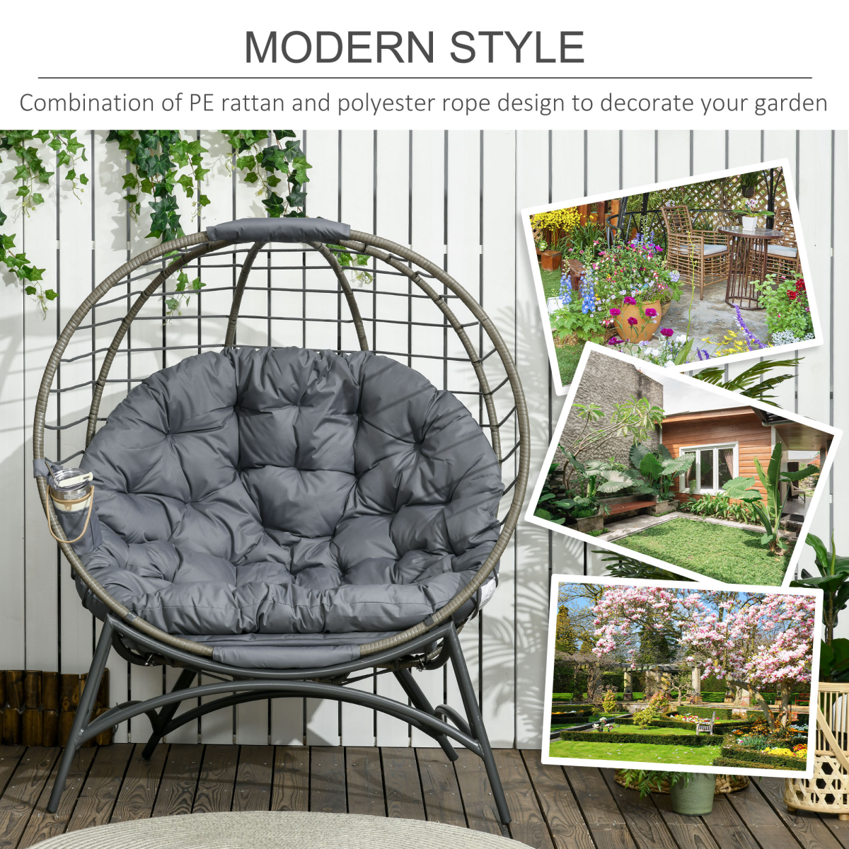 Rattan Egg Chair Wicker Basket Chair with Cushion Bottle Holder Bag