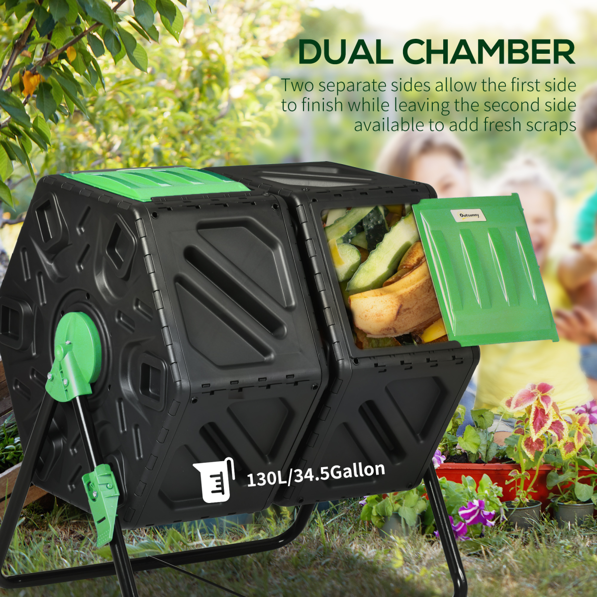 130L Compost Bin Dual Chamber Rotating Composter w/ Ventilation Holes