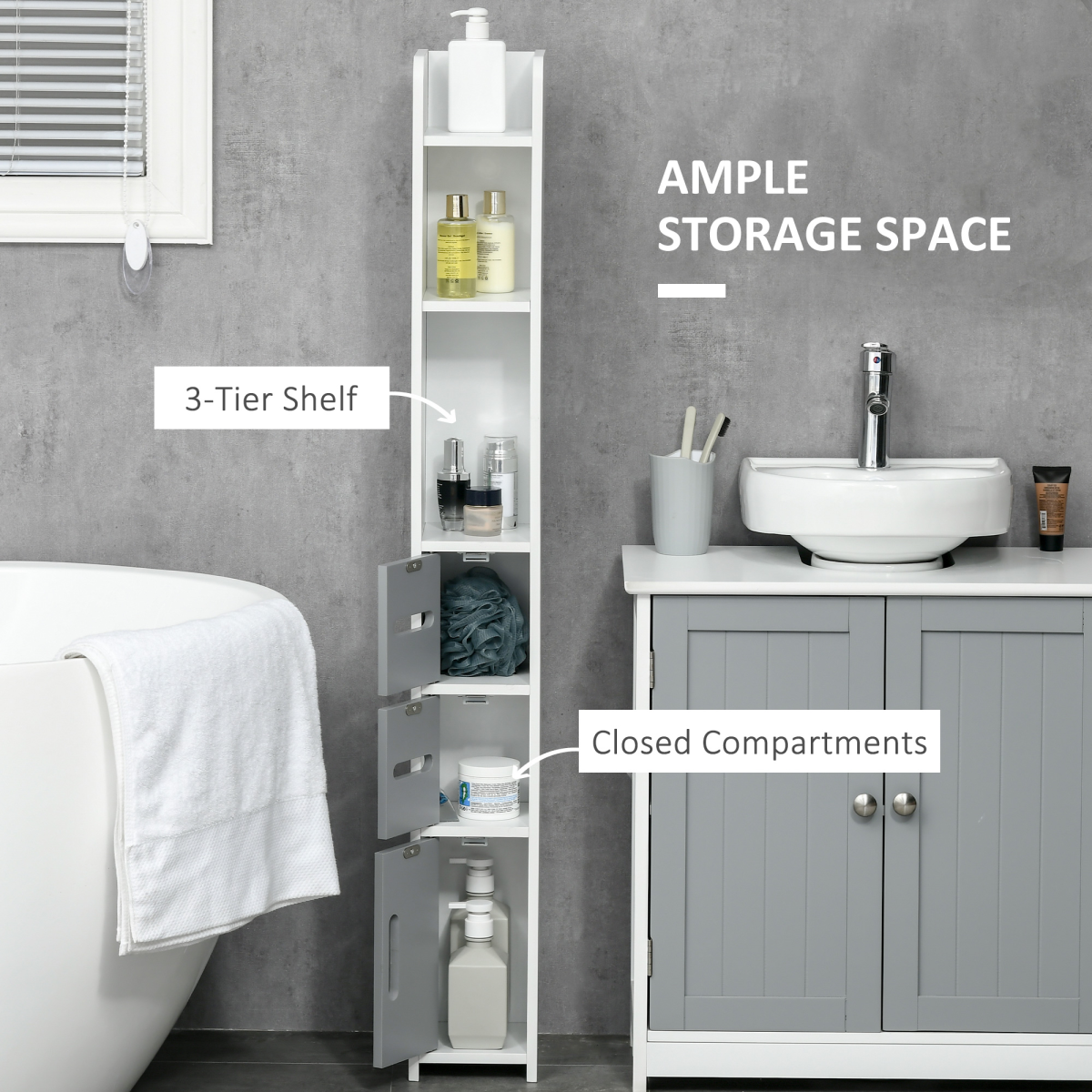Freestanding Tall Bathroom Cabinet W/ Open Shelves 3 Cupboards, Grey