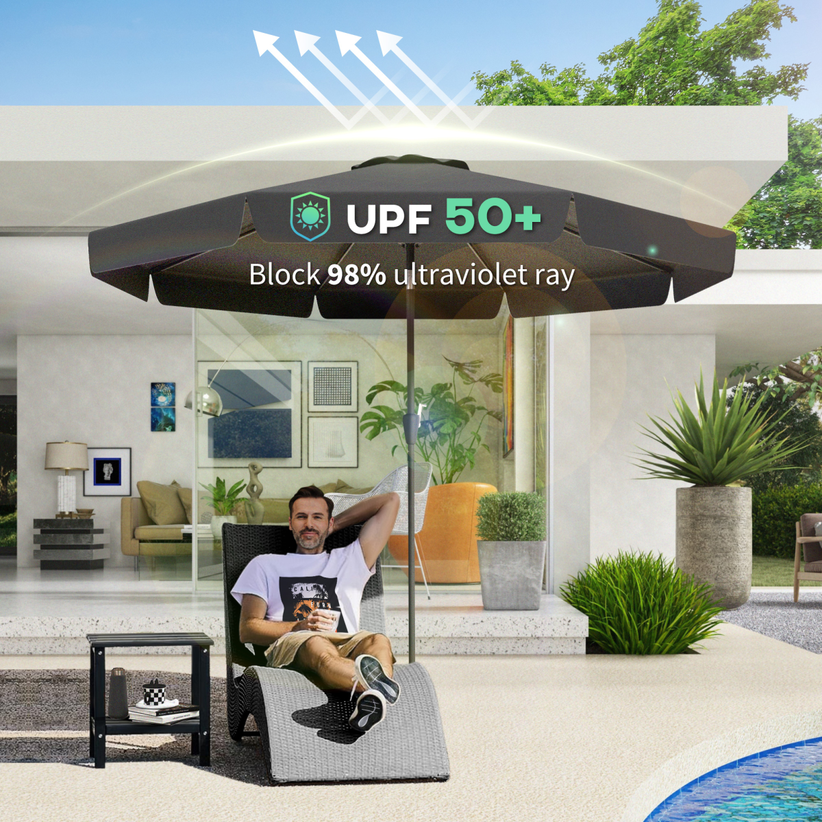 2.7m Patio Umbrella Garden Parasol with Crank, Ruffles, 8 Ribs, Black