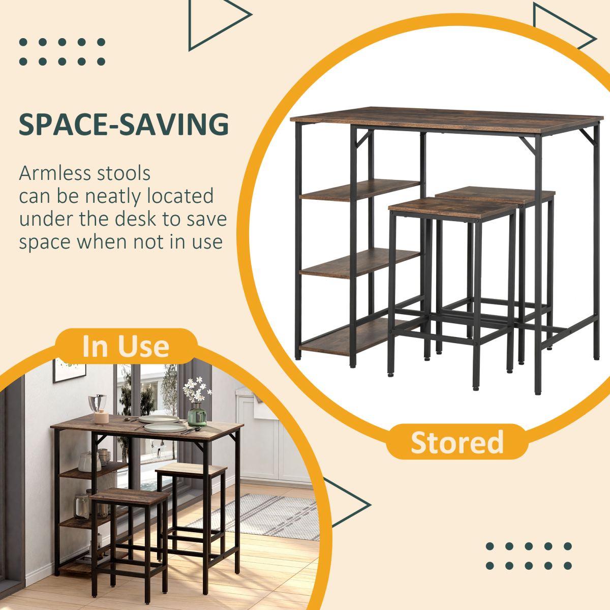 Industrial Bar Height Dining Table Set With 2 Stools & Side Shelf