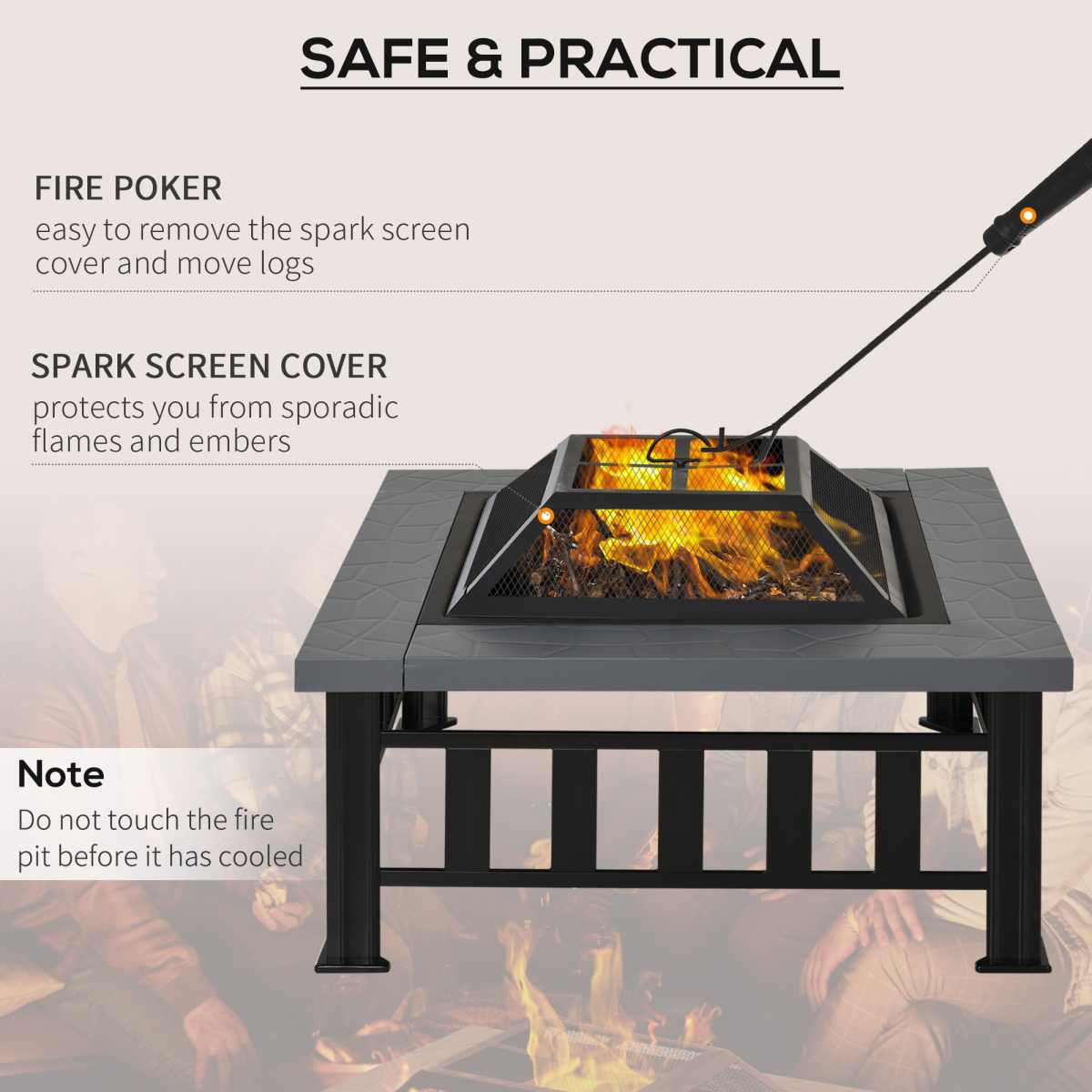 Fire Pit, Square Shape, W/Waterproof Cover-Black/Grey