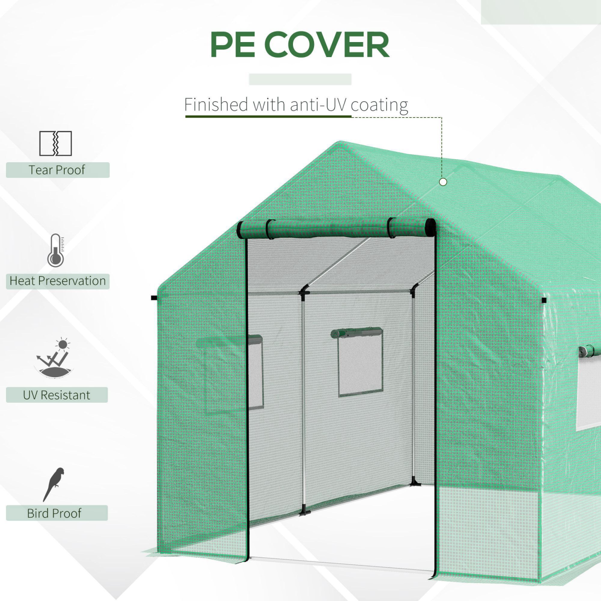 Tunnel Greenhouse W/ UV-resistant PE Cover, Wide Door, 2 x 3(m), Green