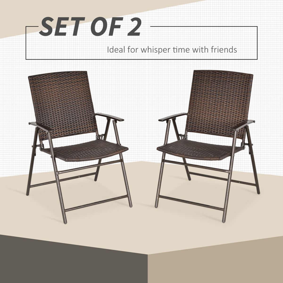 2pcs Rattan Chair Foldable Garden Furniture w/ Armrest Steel Frame